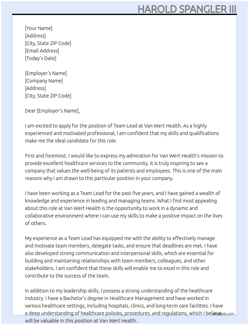  Team Lead At Van Wert Health Cover Letter
