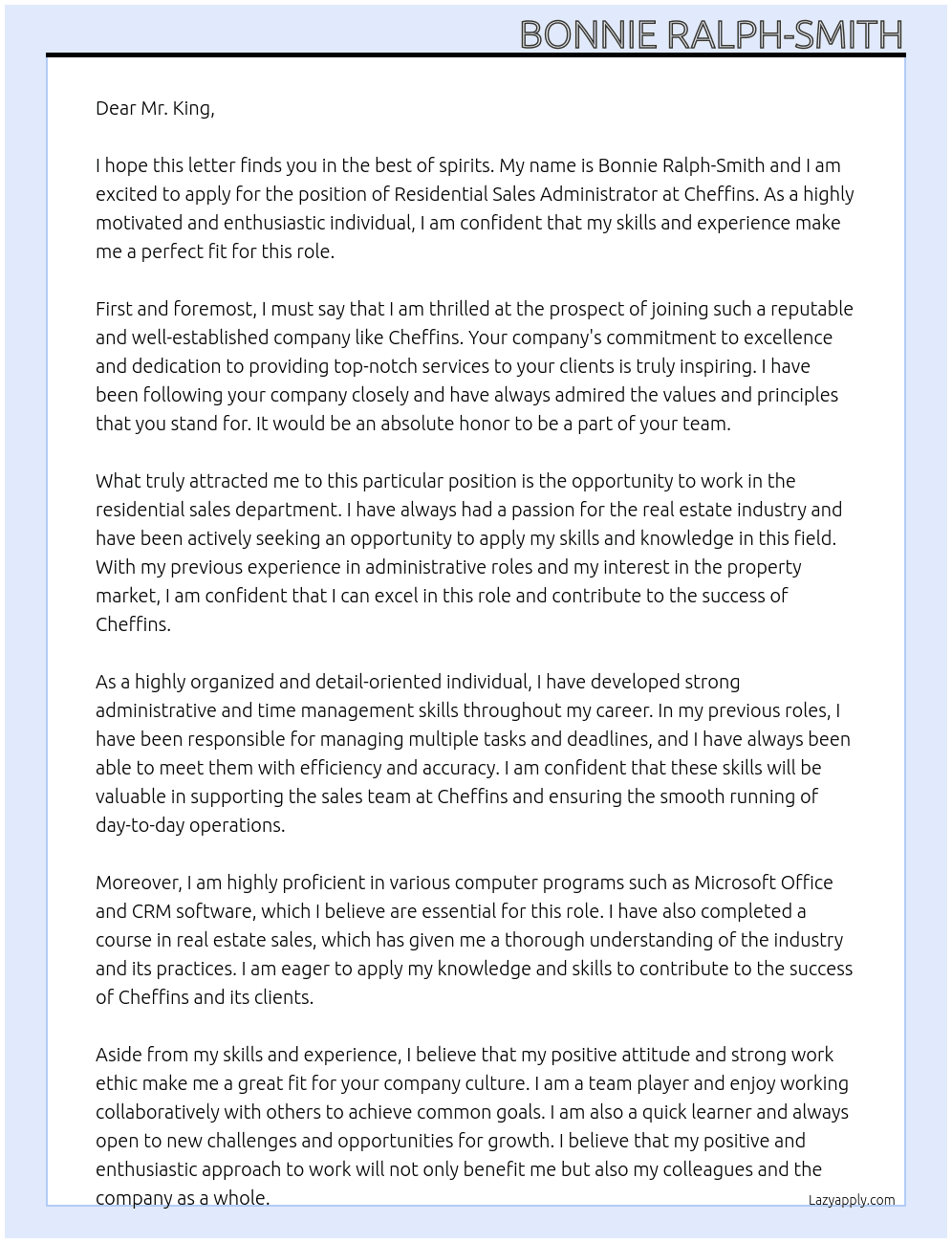 Residential sales administrator At Cheffins Cover Letter