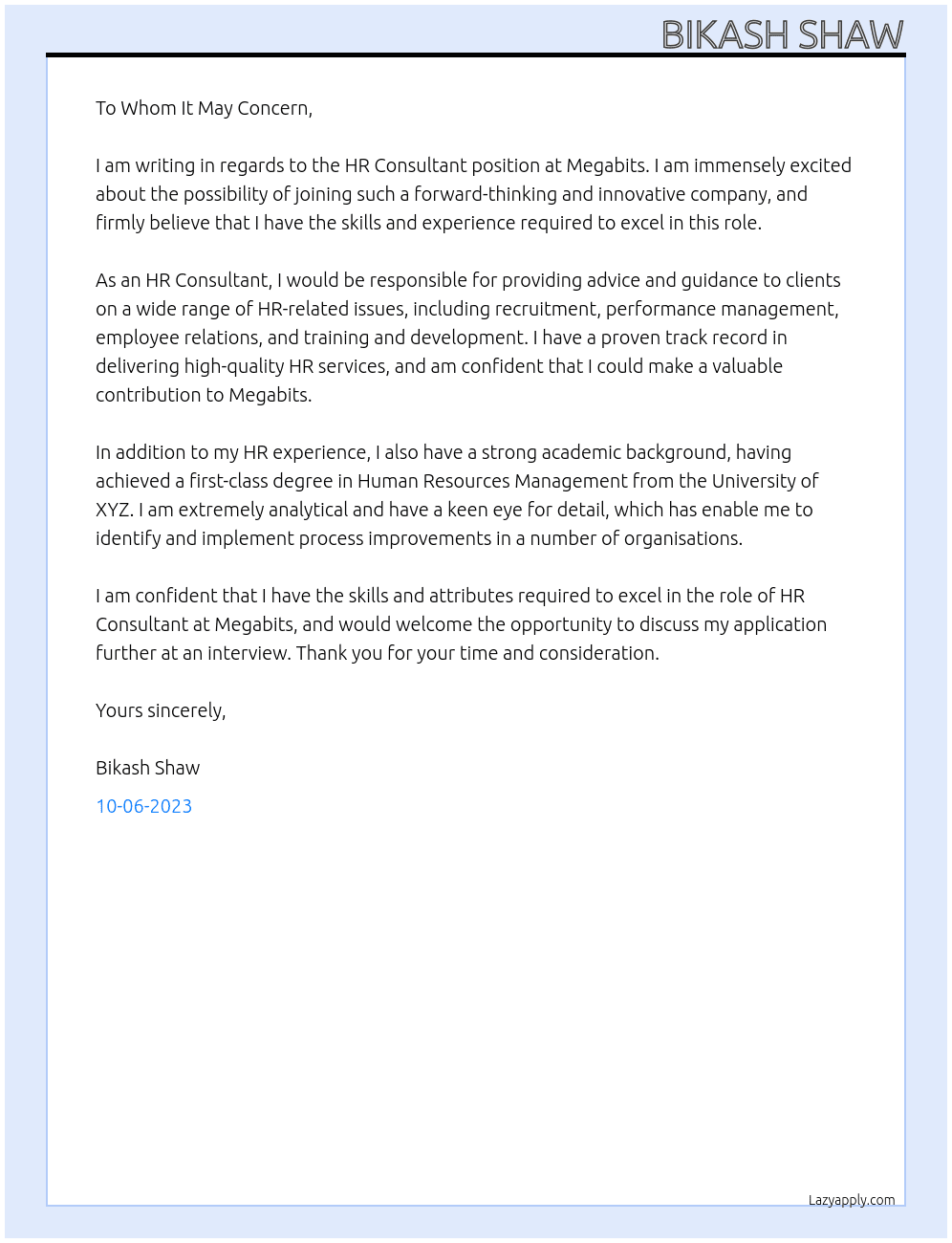 Hr consultant  At Megabits Cover Letter