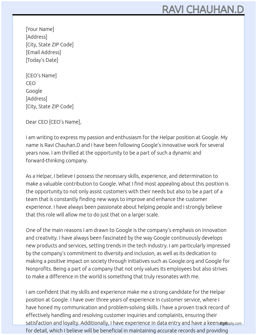 Helpar At Google  Cover Letter