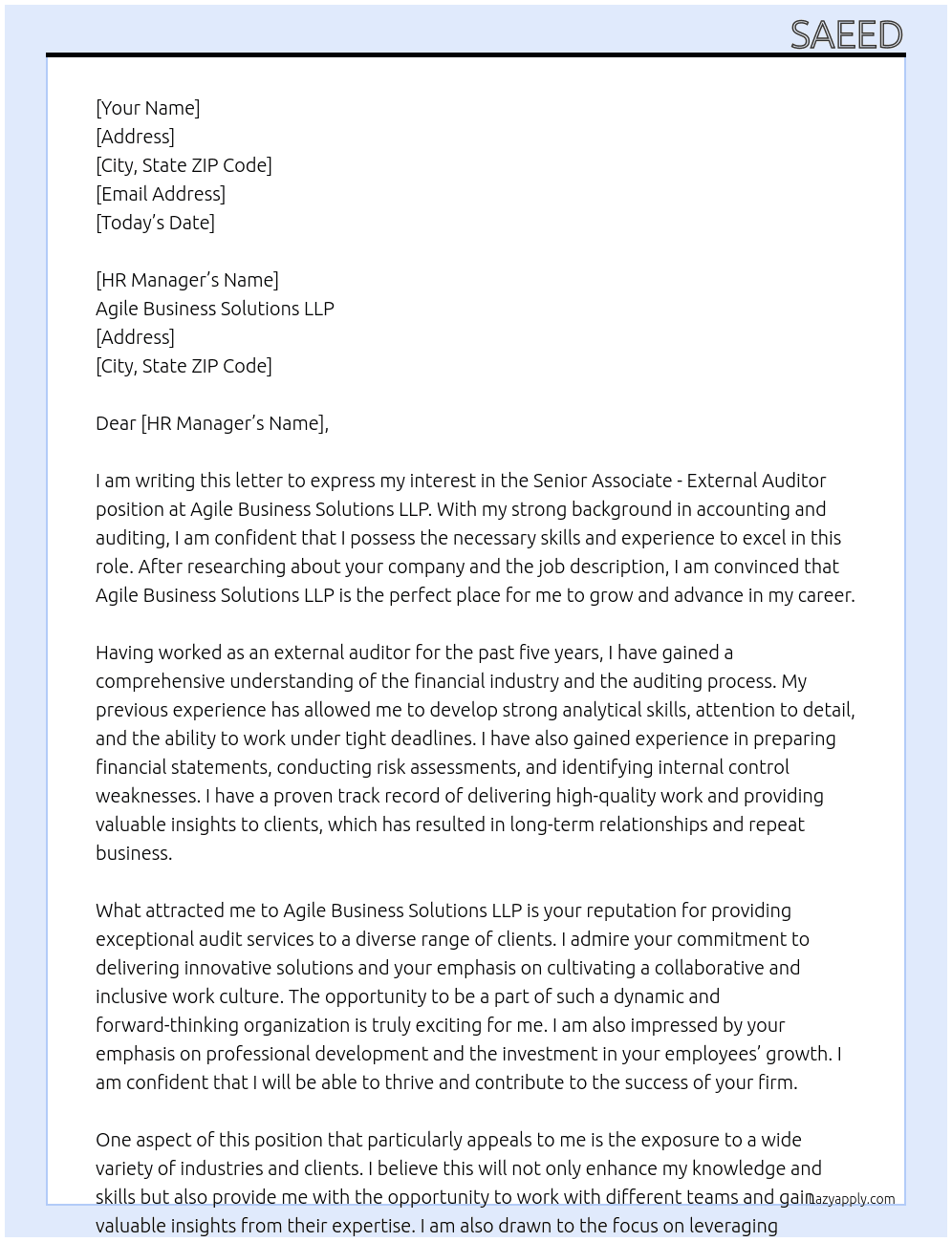 Senior Associate - External Auditor At Agile Business Solutions LLP Cover Letter