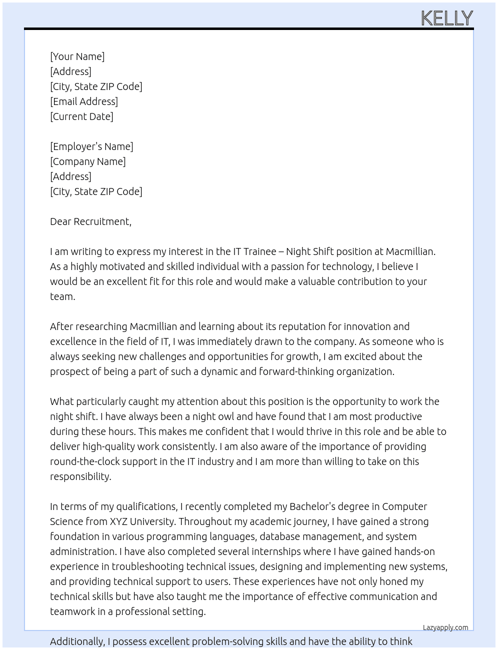 IT Trainee - Night shift At Macmillian Cover Letter
