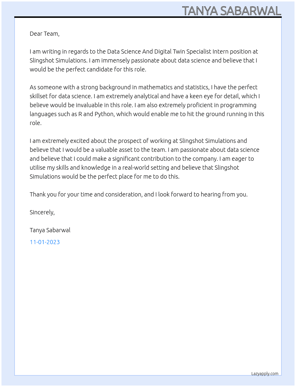 Data Science And Digital Twin Specialist Intern At Slingshot Simulations Cover Letter