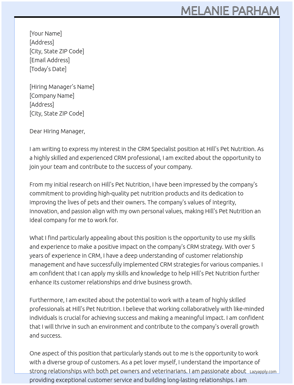 CRM Specialist At Hill's Pet Nutrition Cover Letter