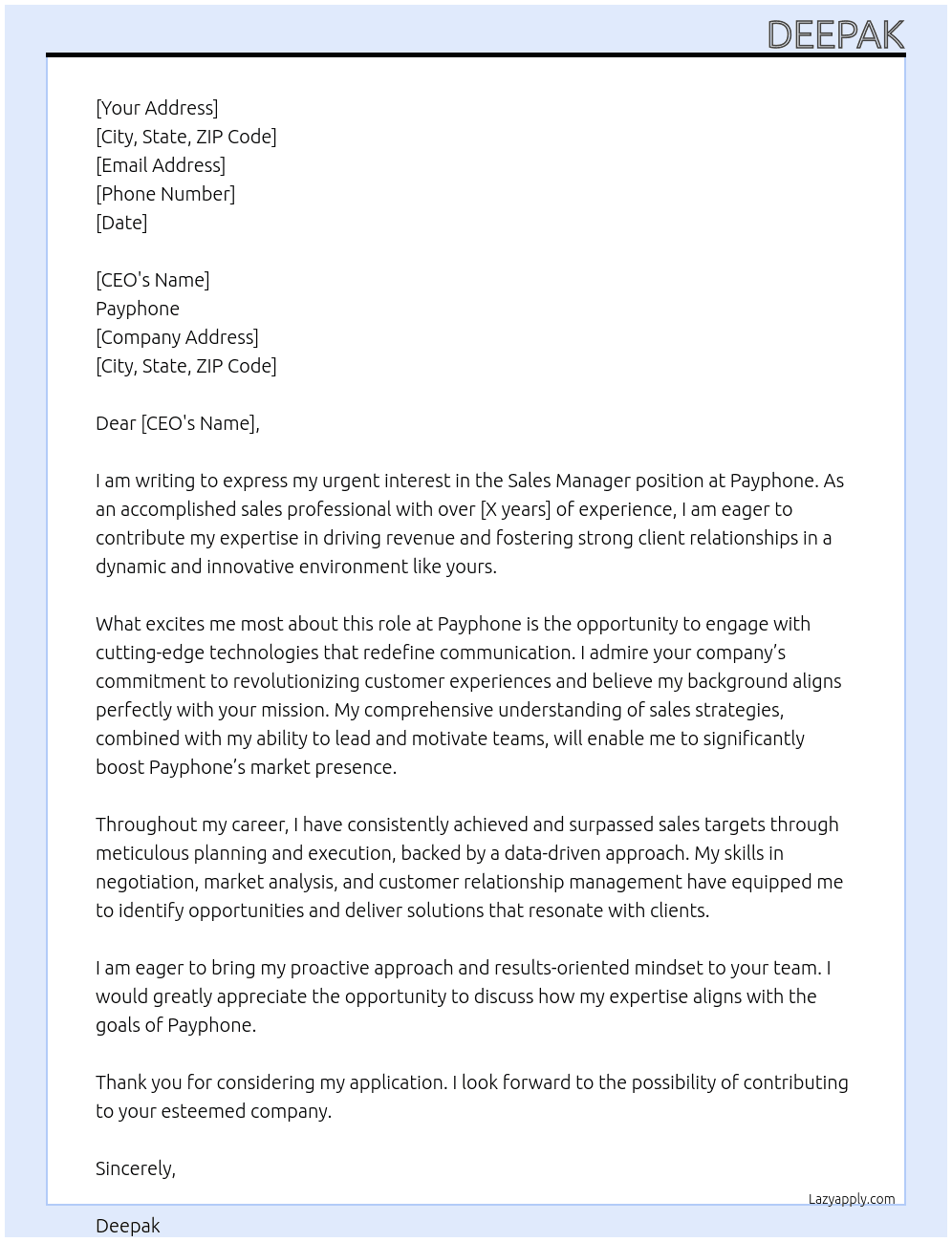 Sell manager  At Payphone  Cover Letter