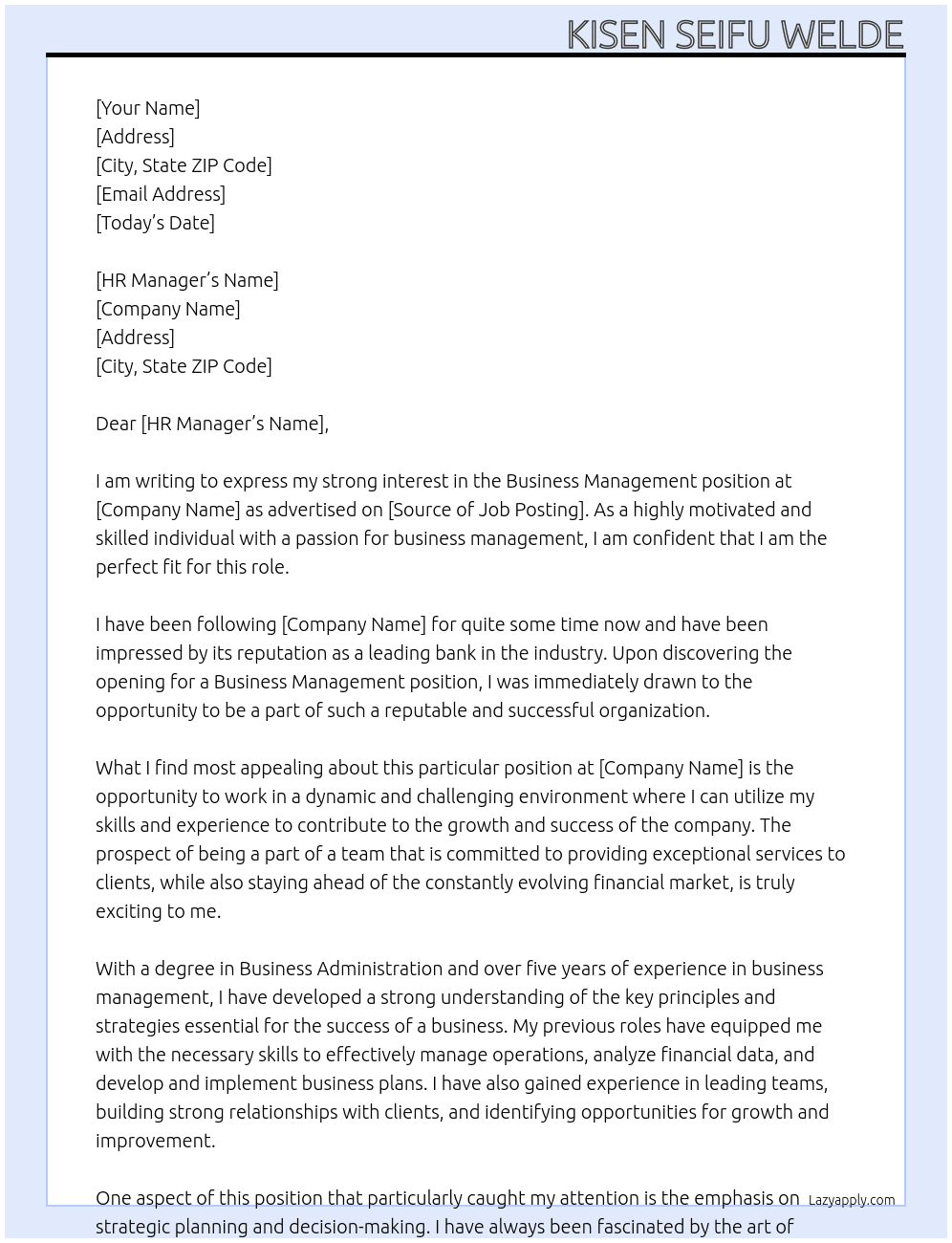 Business Management  At Bank Cover Letter