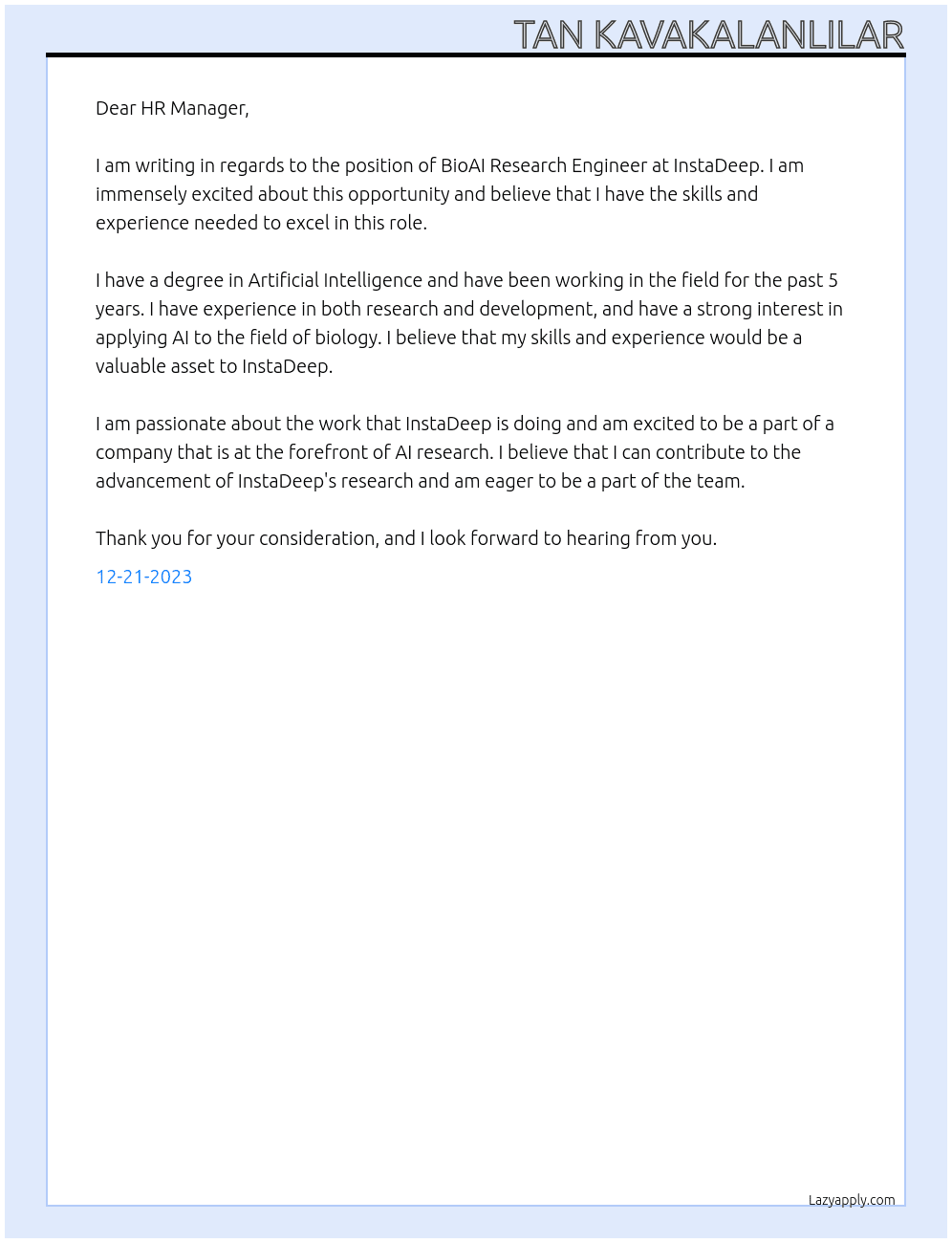 BioAI Research Engineer At InstaDeep Cover Letter