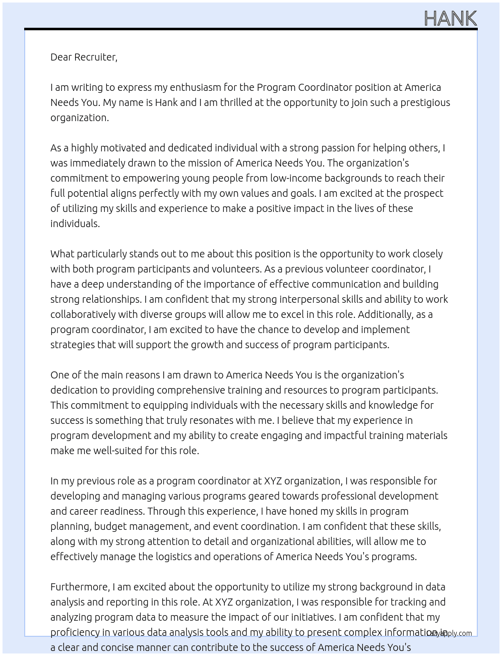 Program Coordinator At America Needs You Cover Letter