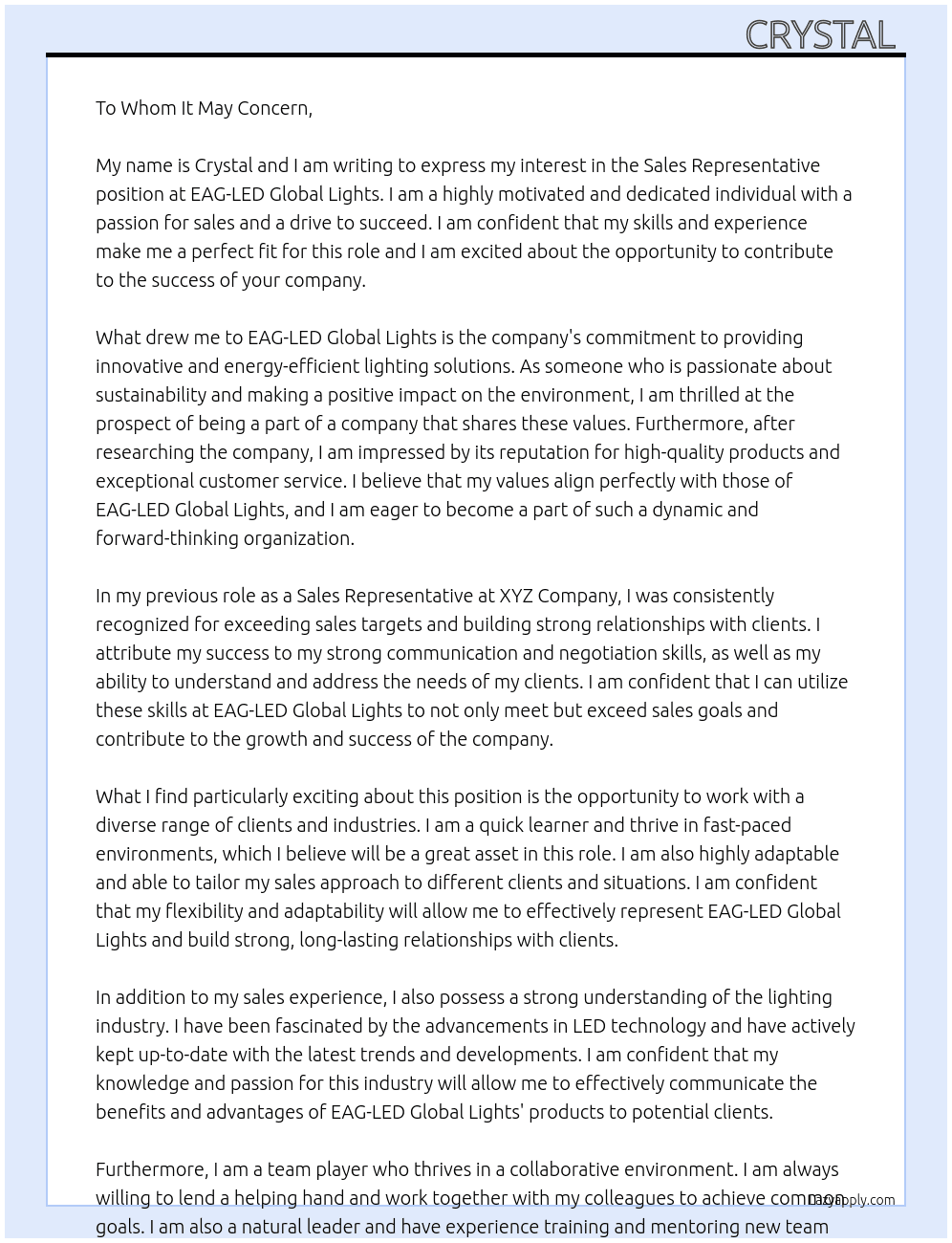 Sales Representative  At EAG-LED Global Lights Cover Letter