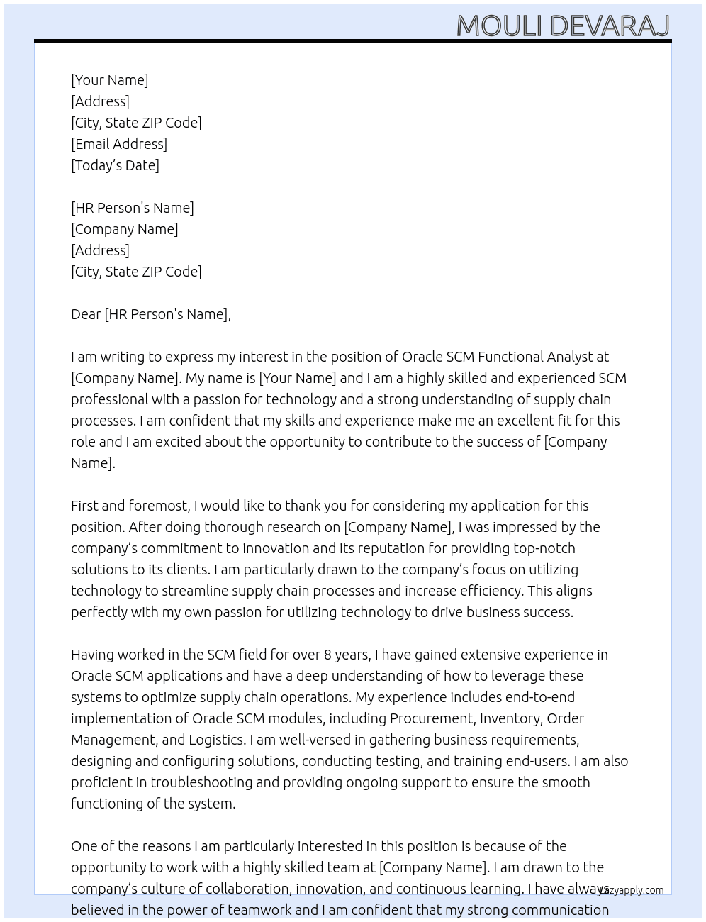 Oracle SCM Functional Analyst At strattek Cover Letter