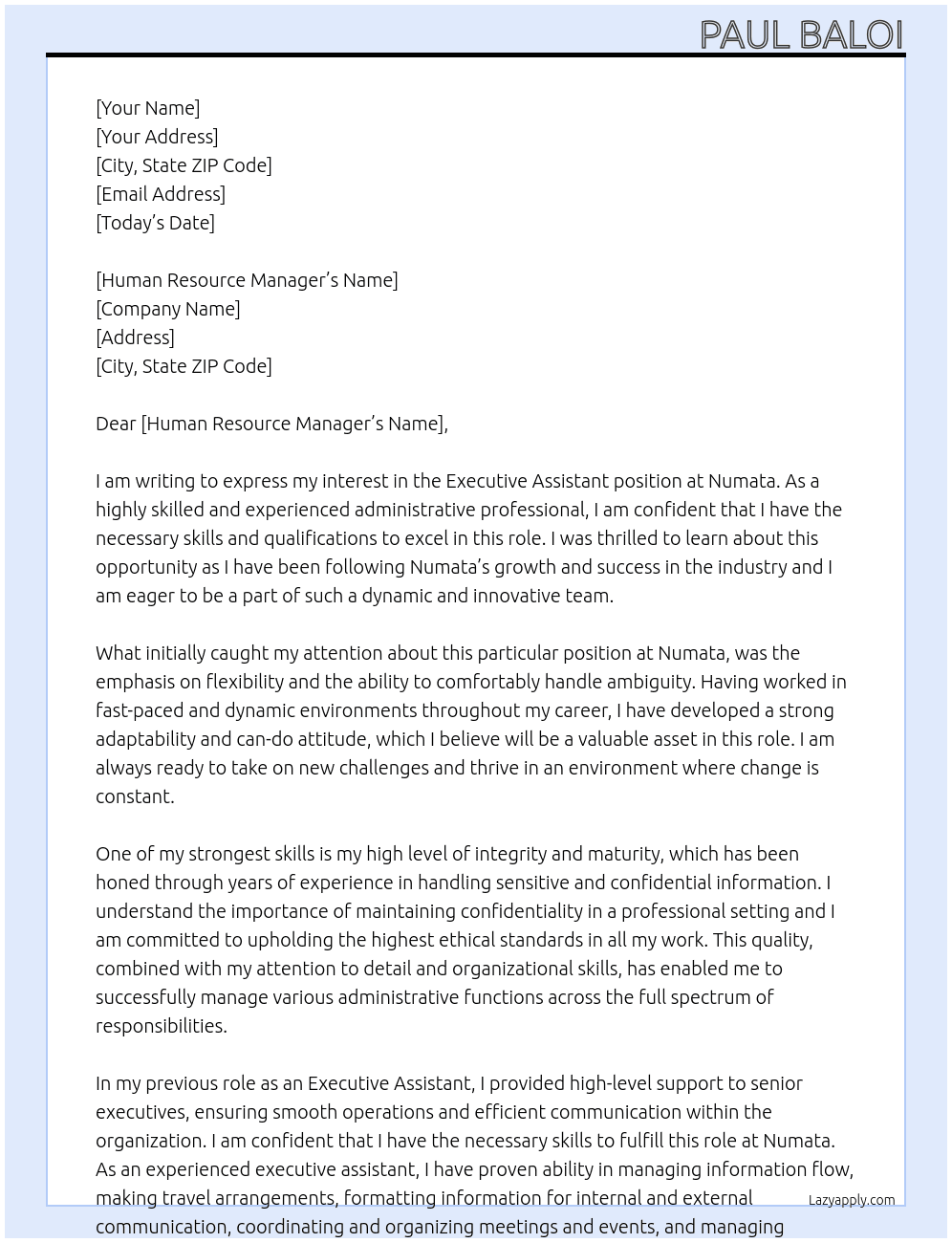 Executive Assistant At Numata Cover Letter