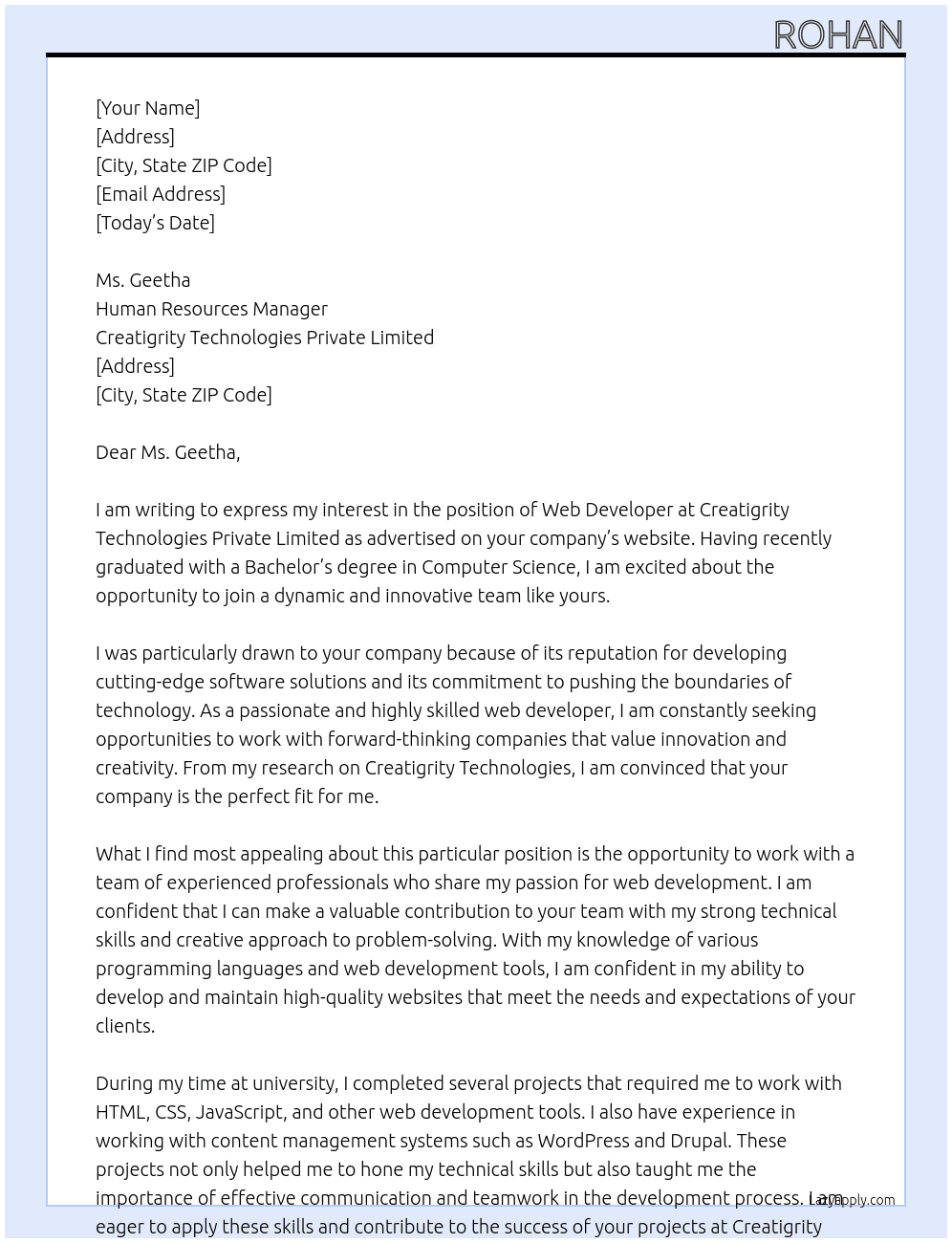 Web Developer At Creatigrity Technologies Private Limited Cover Letter