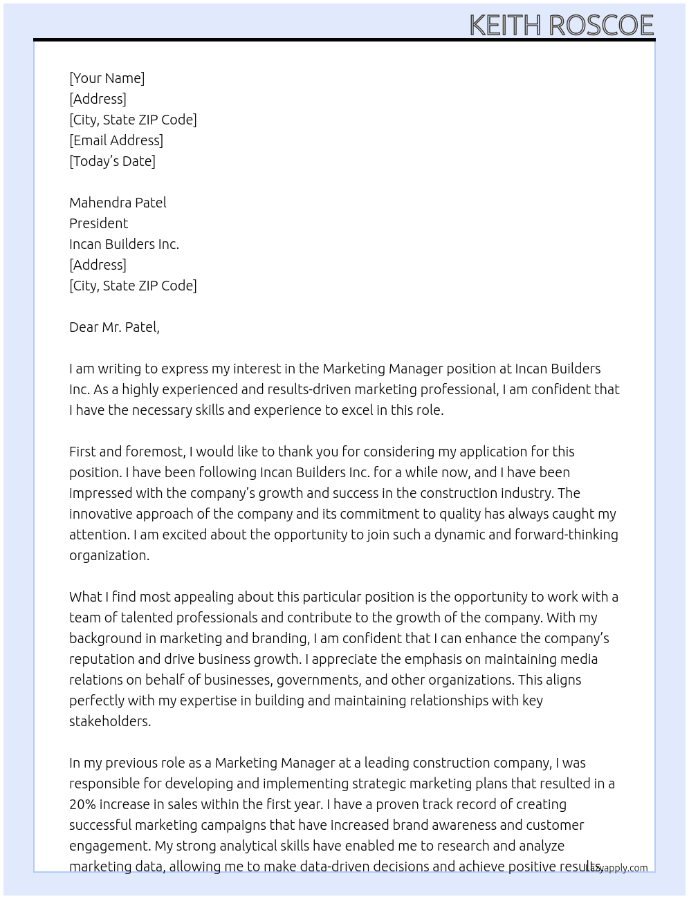 Marketing Manager At Incan Builders Inc. Cover Letter