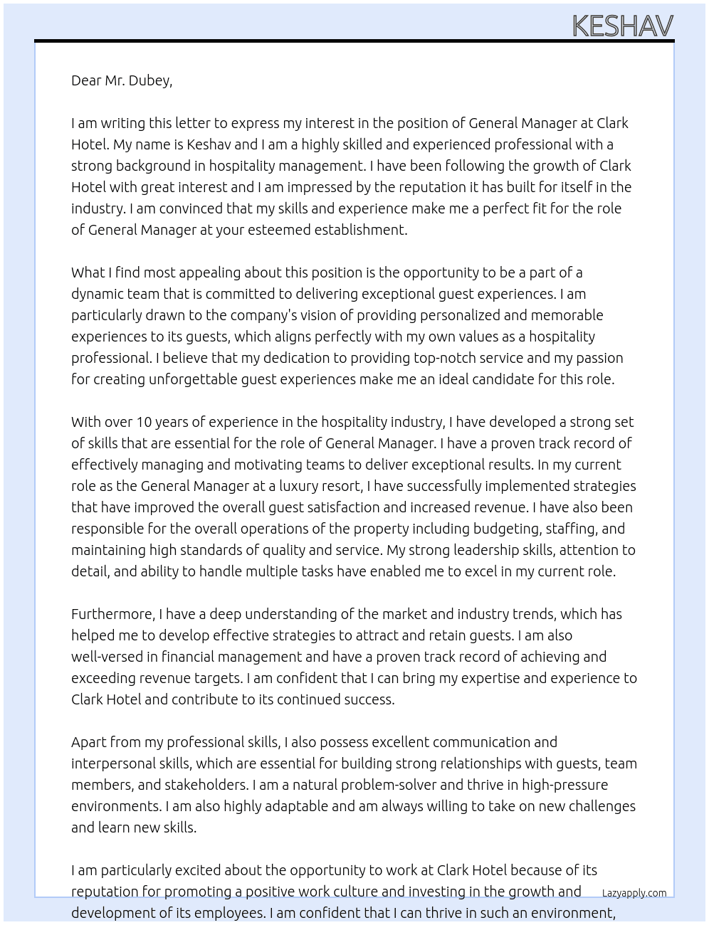 General Manager At Clark hotel Cover Letter