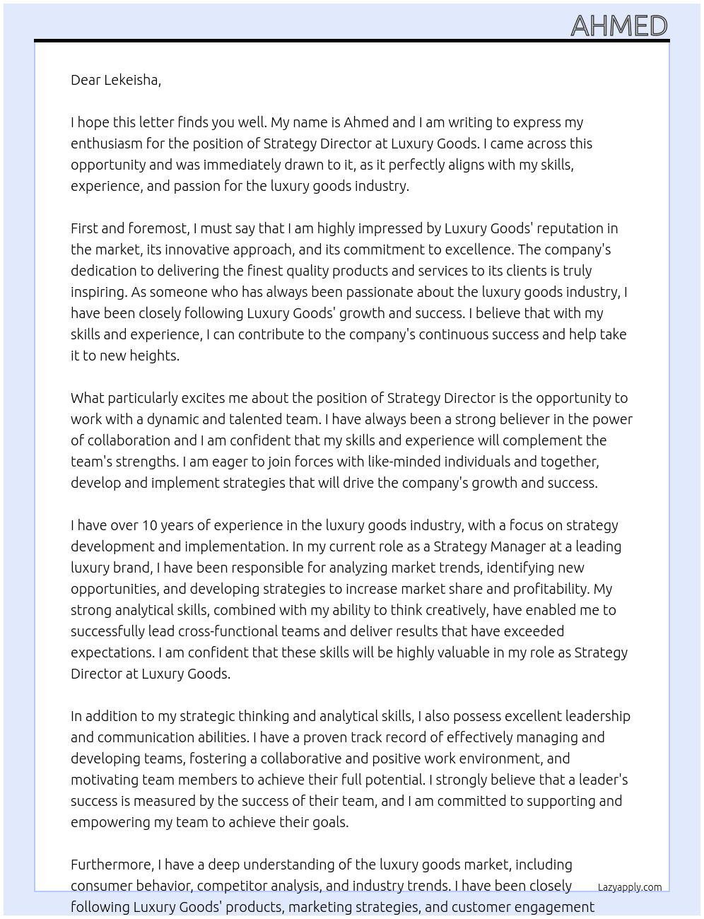 Strategy Director At Luxury goods Cover Letter
