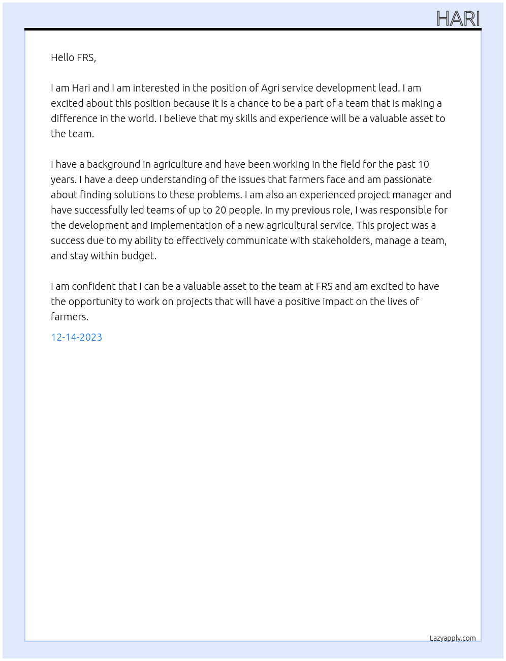 Agri service development lead At FRS Cover Letter