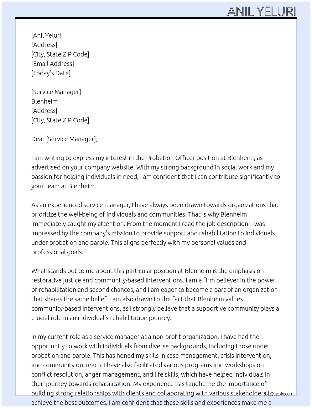 probation officer At  Blenheim Cover Letter