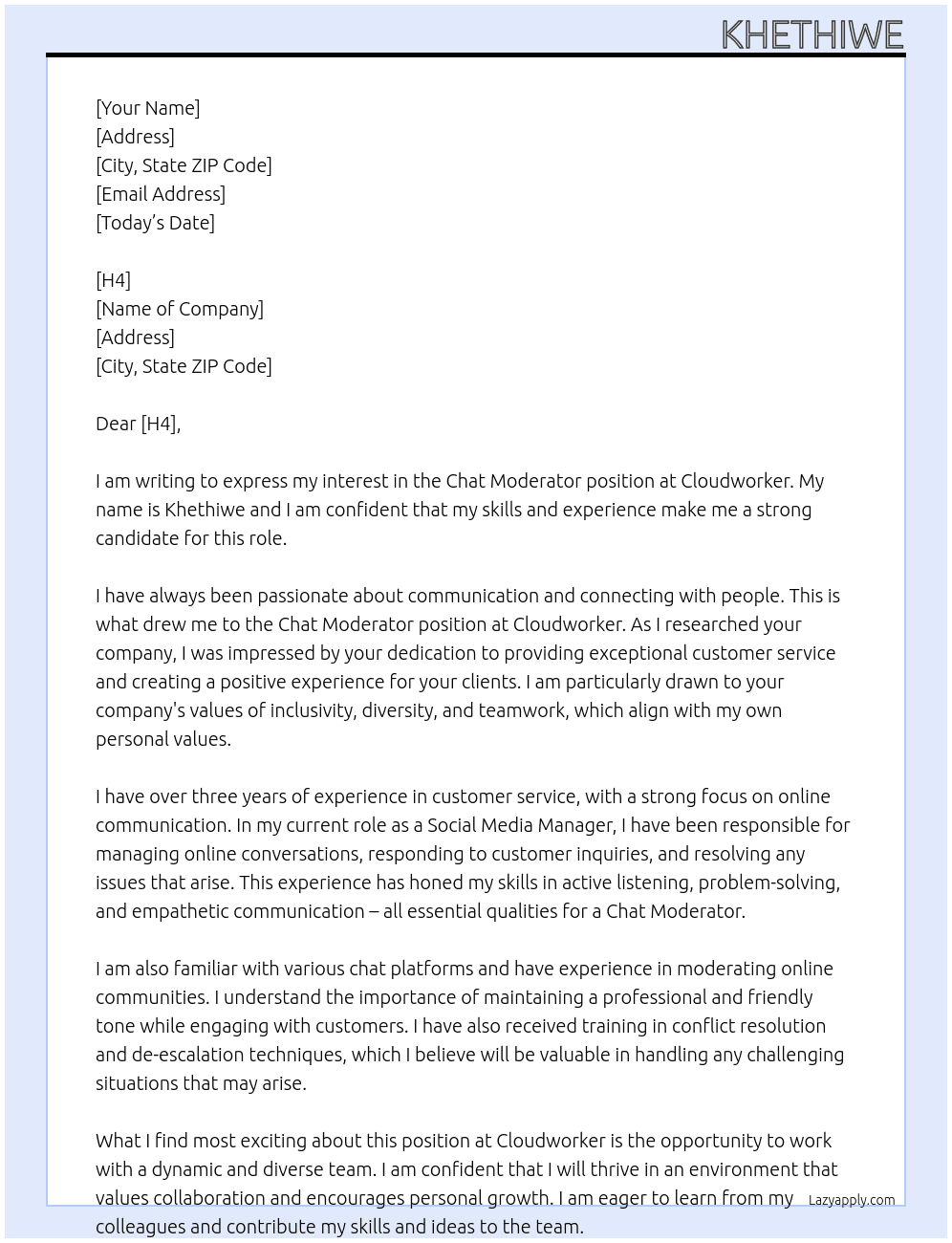 Chat Moderator  At Cloudworker Cover Letter