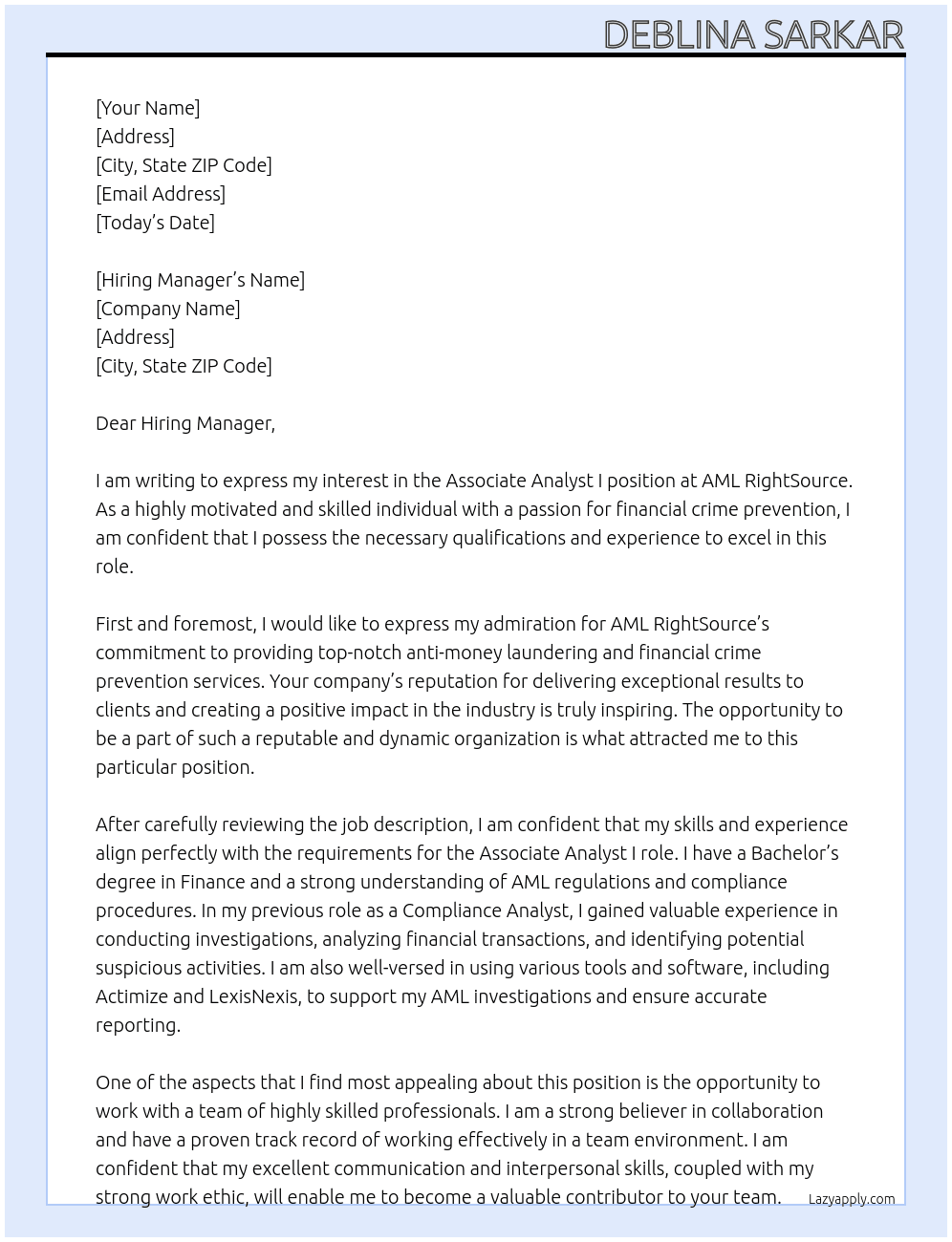 Associate Analyst I At AML RightSource Cover Letter