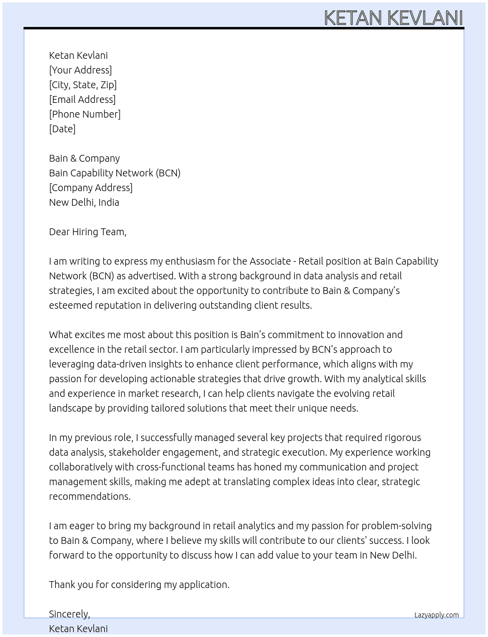 Associate - Retail At BAIN & COMPANY Cover Letter