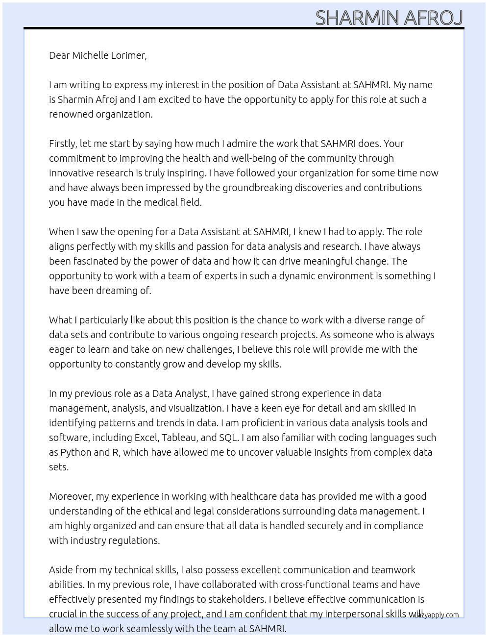 Data Assitant At SAHMRI Cover Letter