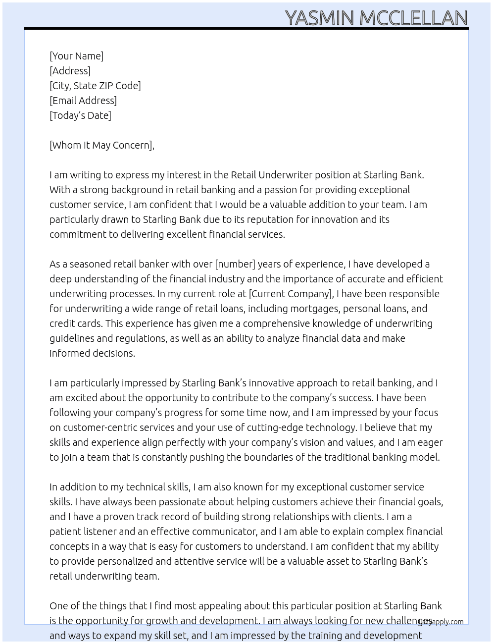 Retail Underwriter At Starling Bank Cover Letter