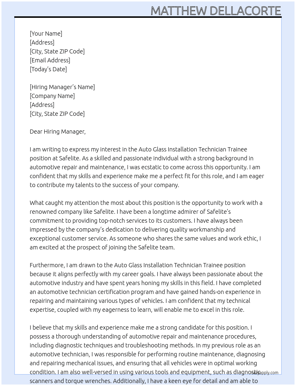 Auto Glass Installation Technician Trainee At Safelite Cover Letter
