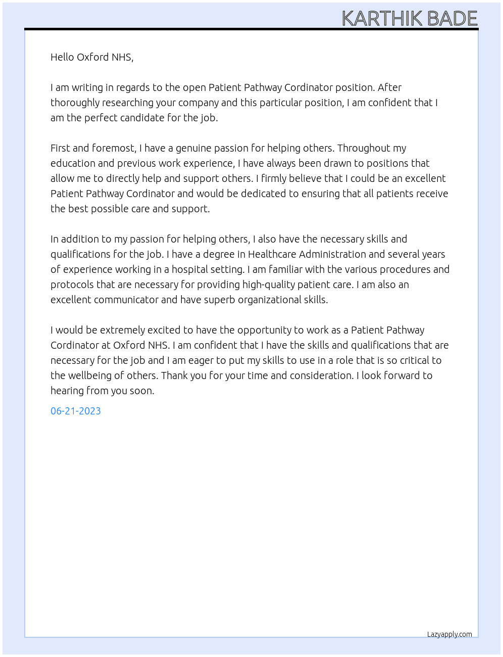 Patient Pathway Cordinator At oxford NHS Cover Letter