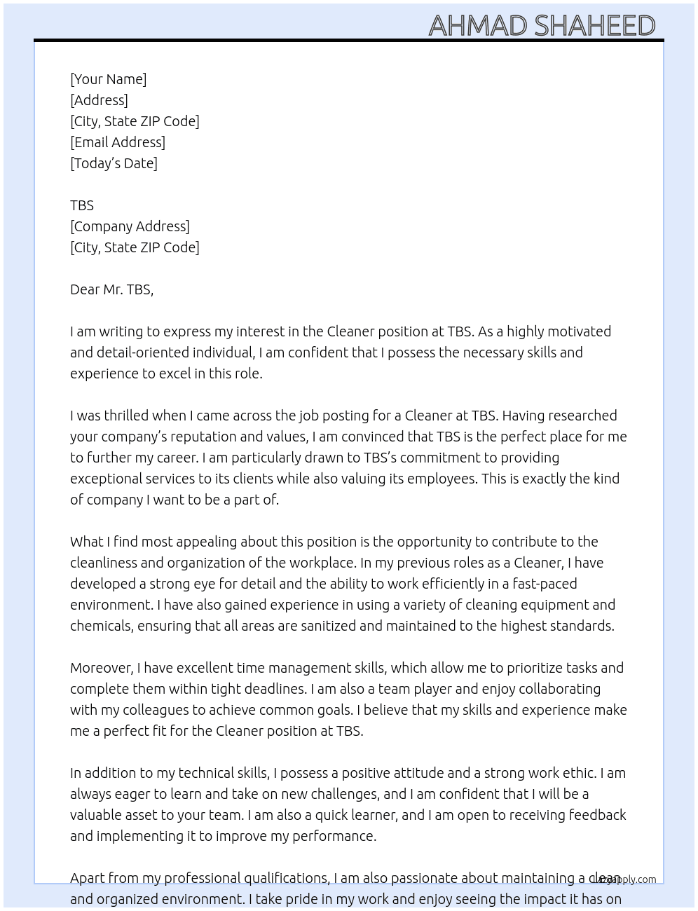 Cleaner  At TBS Cover Letter
