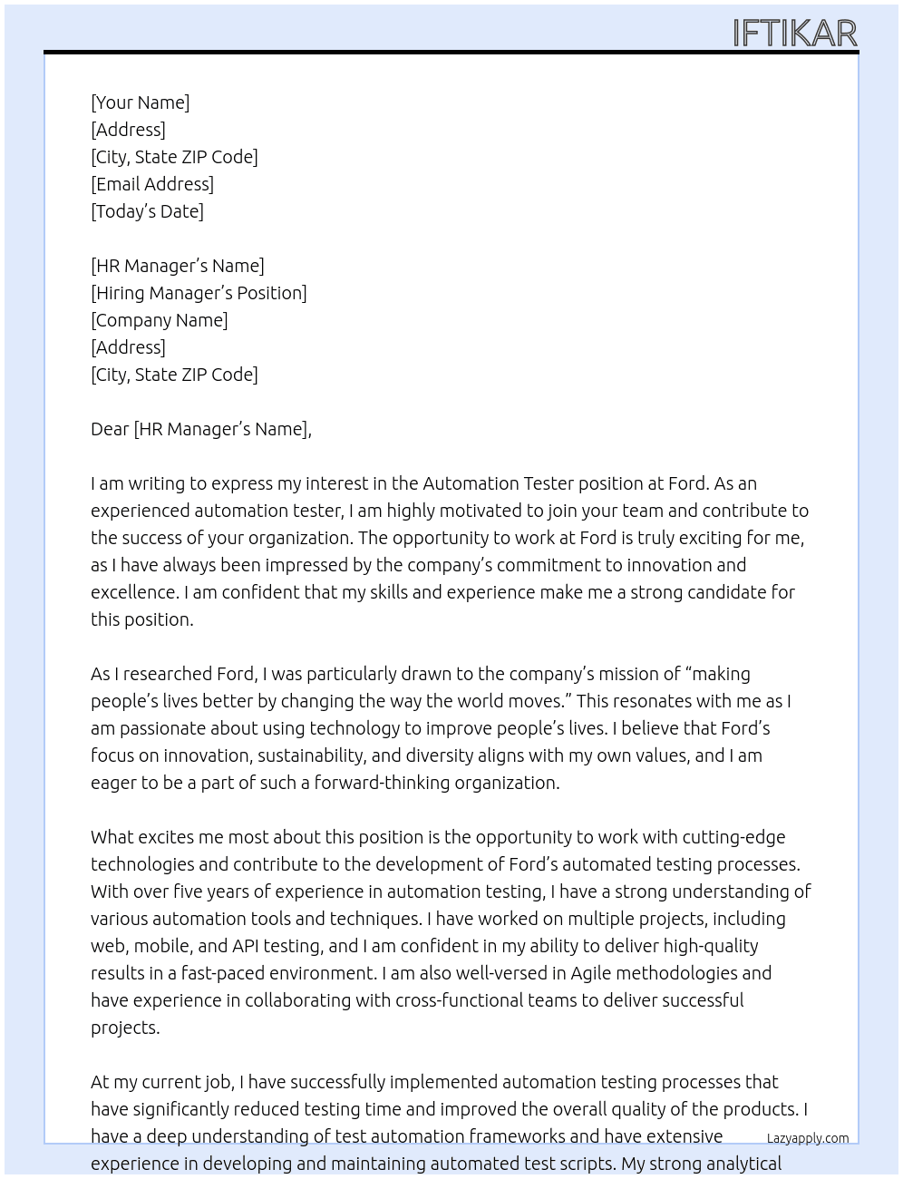 Automation Tester At Ford Cover Letter