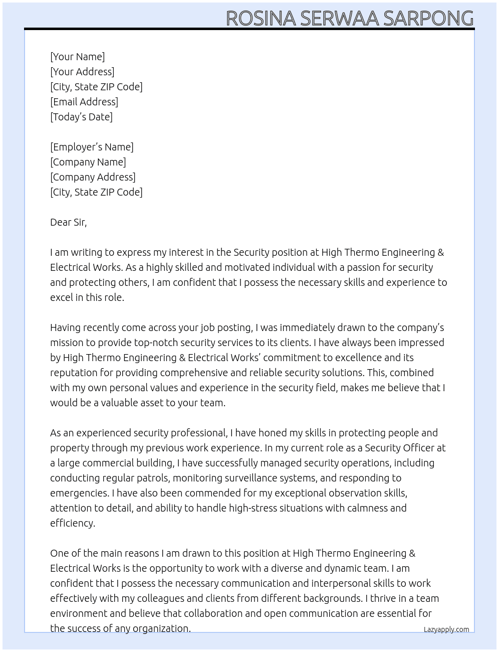 SECURITY At HIGH THERMO ENGINEERING &ELECTRICAL WORKS Cover Letter