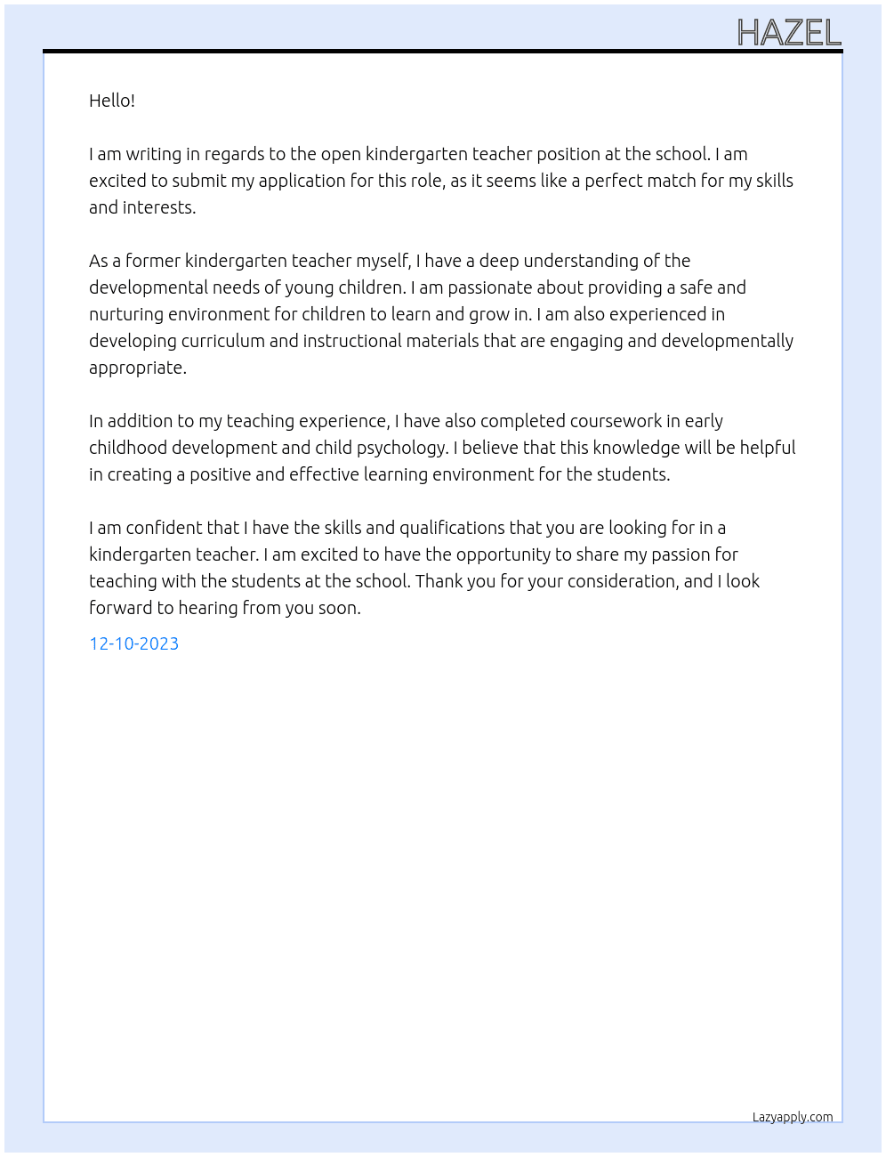 kindergarten teacher At school Cover Letter