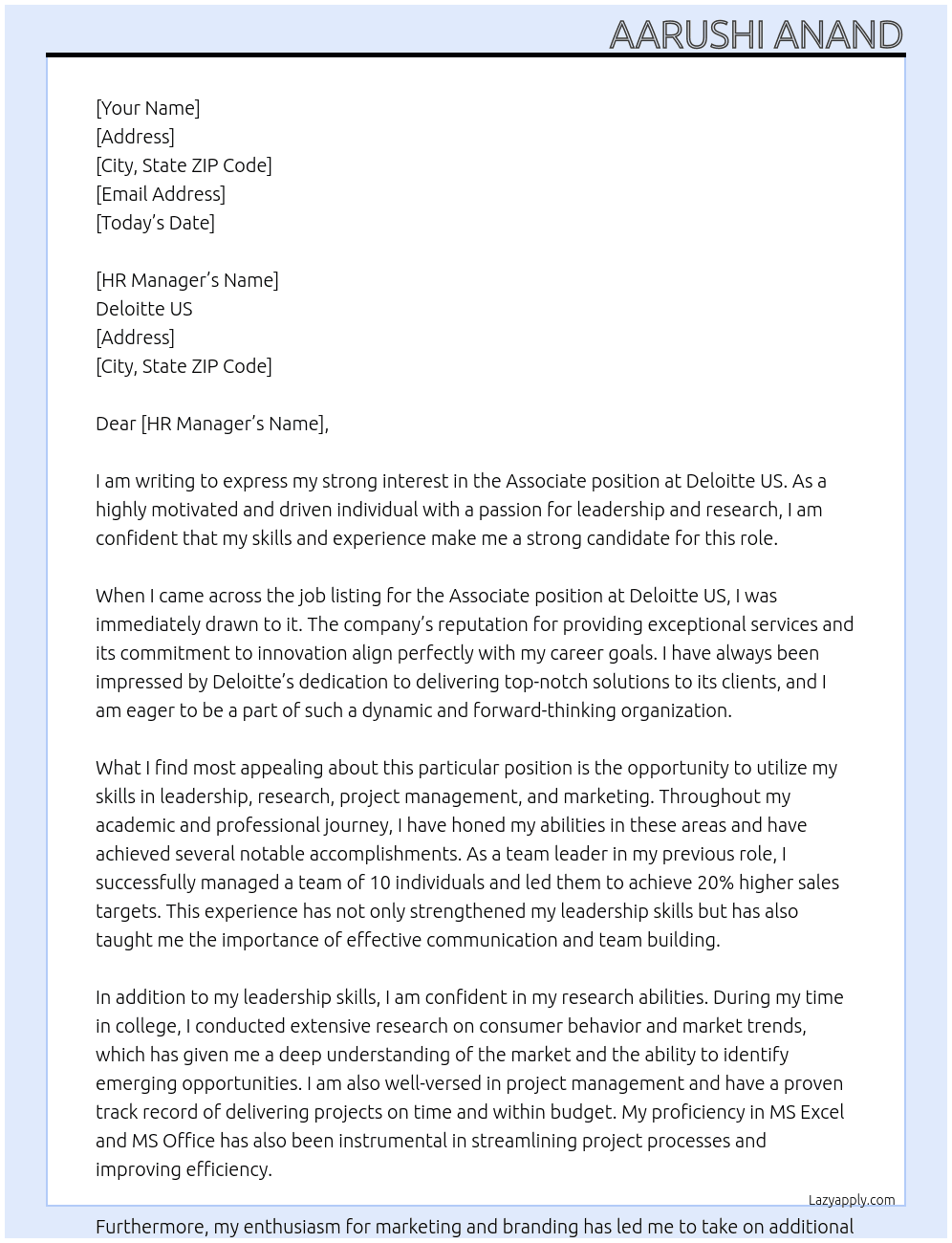 Associate  At Deloitte us Cover Letter