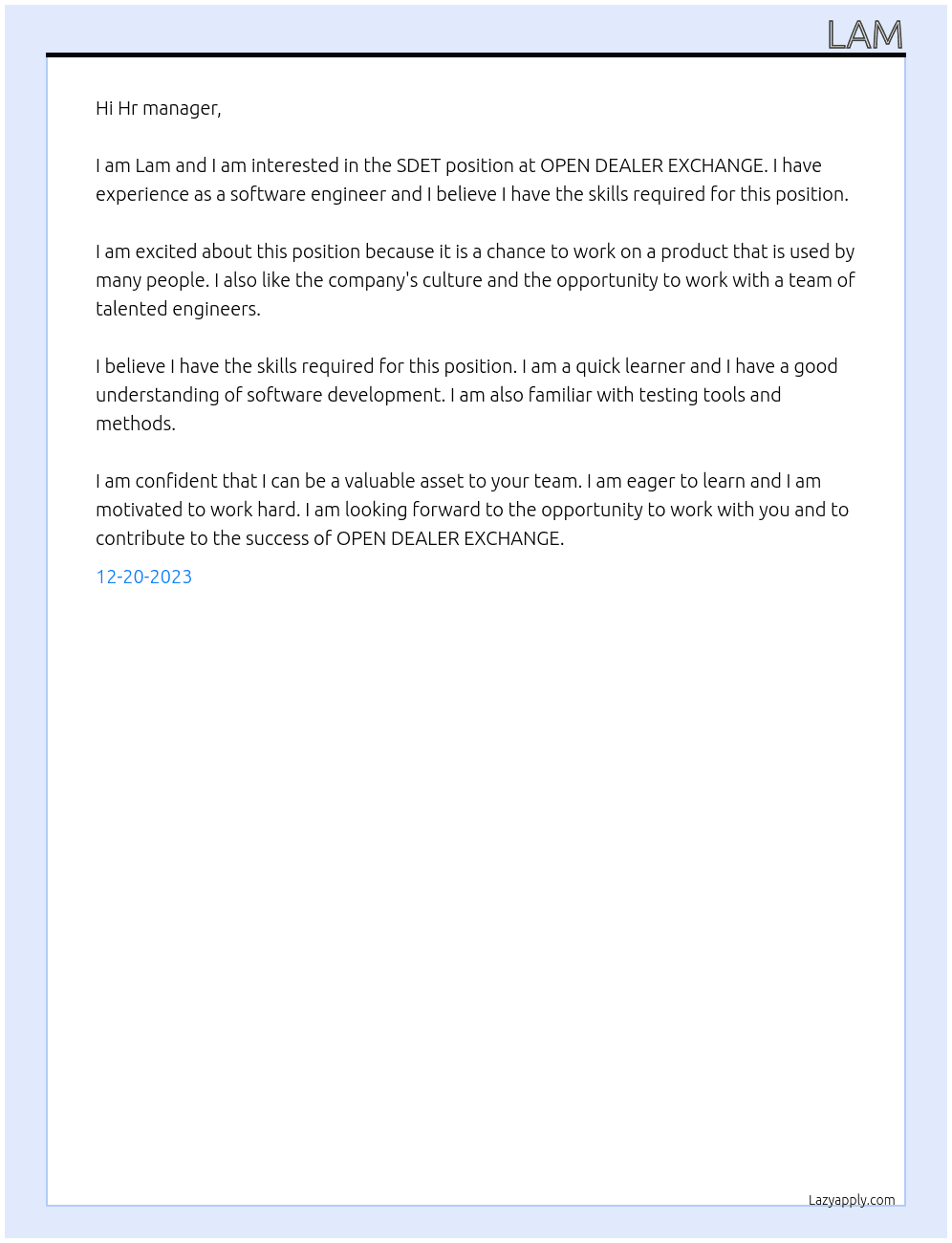 SDET At OPEN DEALER EXCHANGE Cover Letter