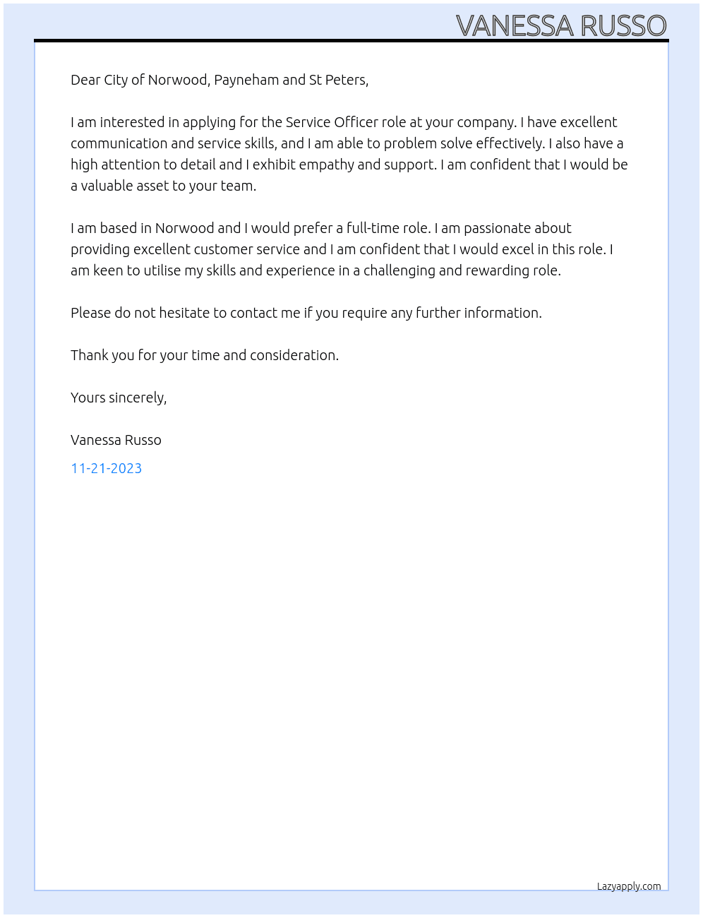 Service Officer At City of Norwood, Payneham and St Peters Cover Letter