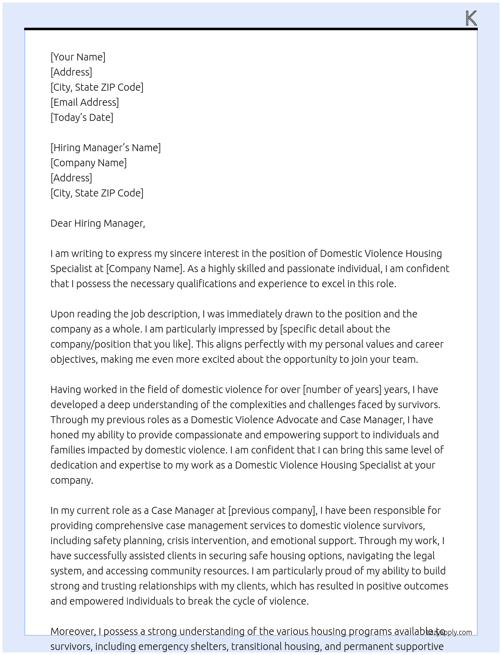 Cover letter for domestic violence housing specialist - LazyApply