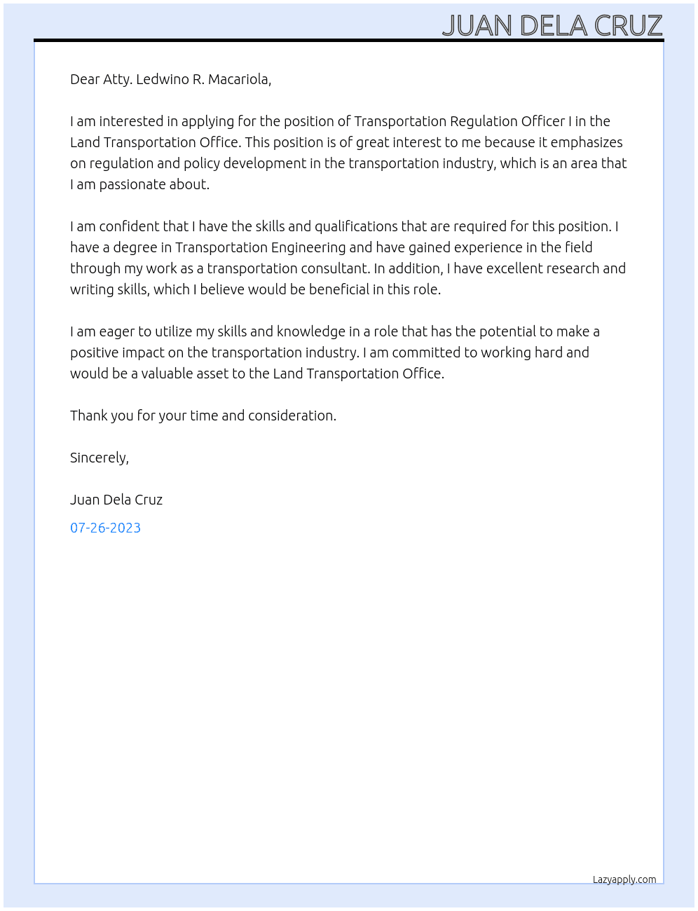 Transportation Regulation Officer I At Land Transportation Office Cover Letter