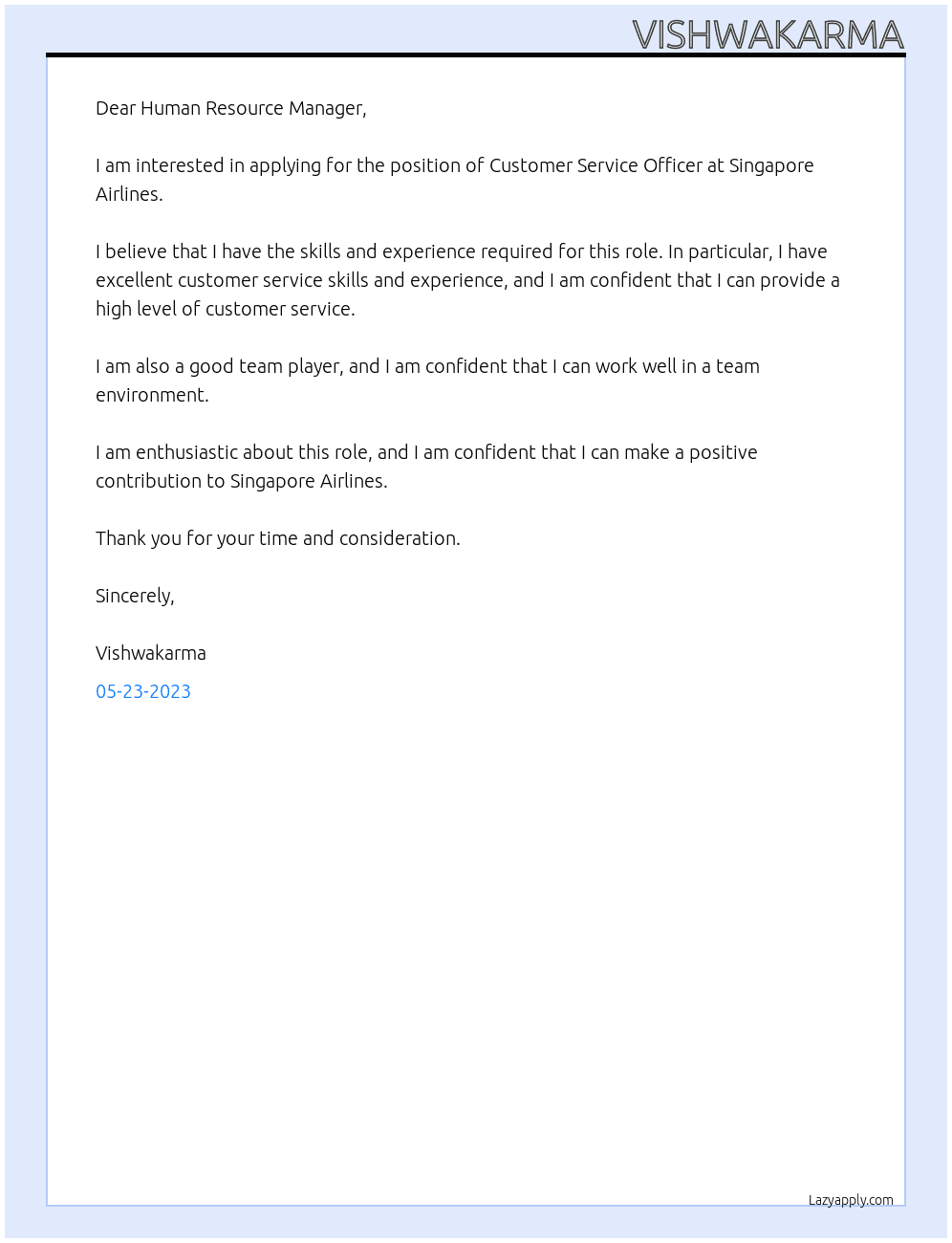 Customer Service Officer At Singapore Airline Cover Letter