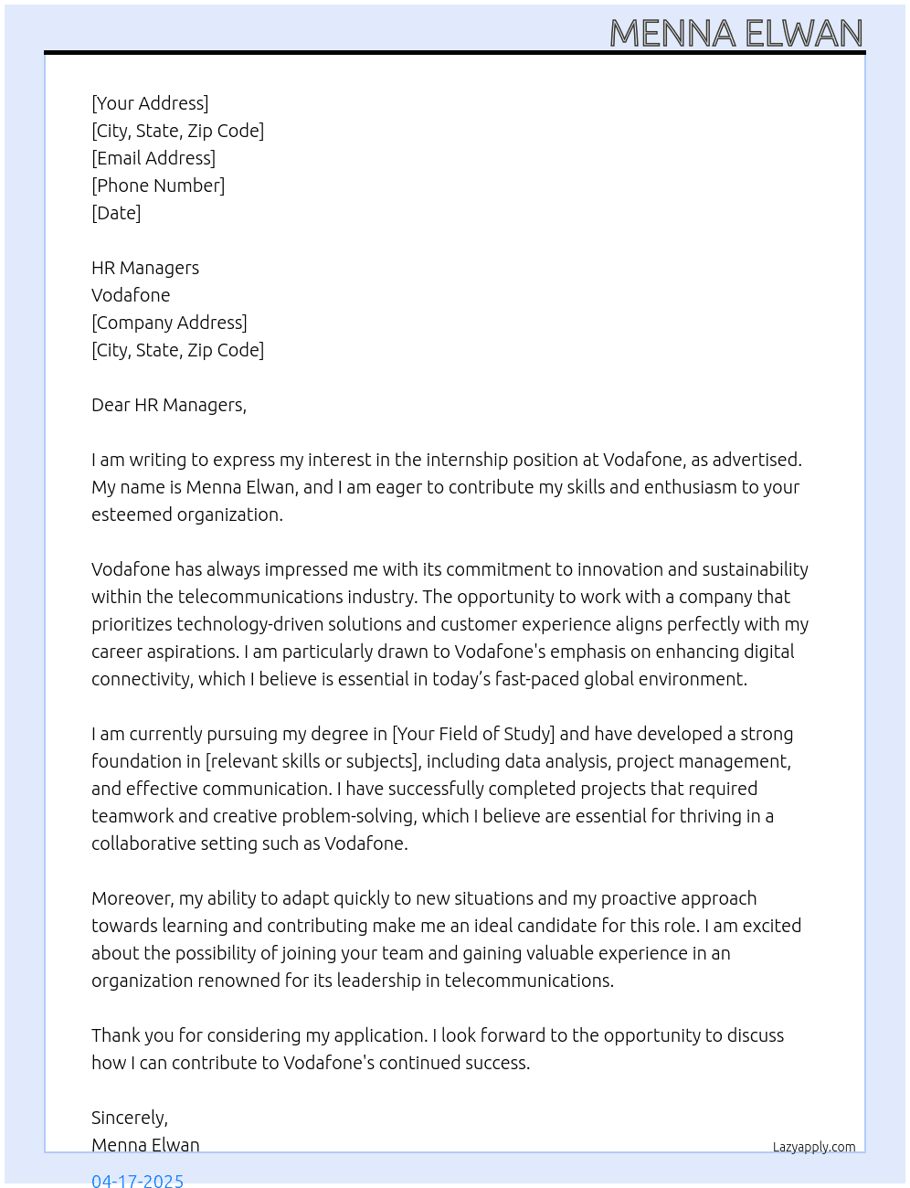 Cover letter for vodafone internship - LazyApply