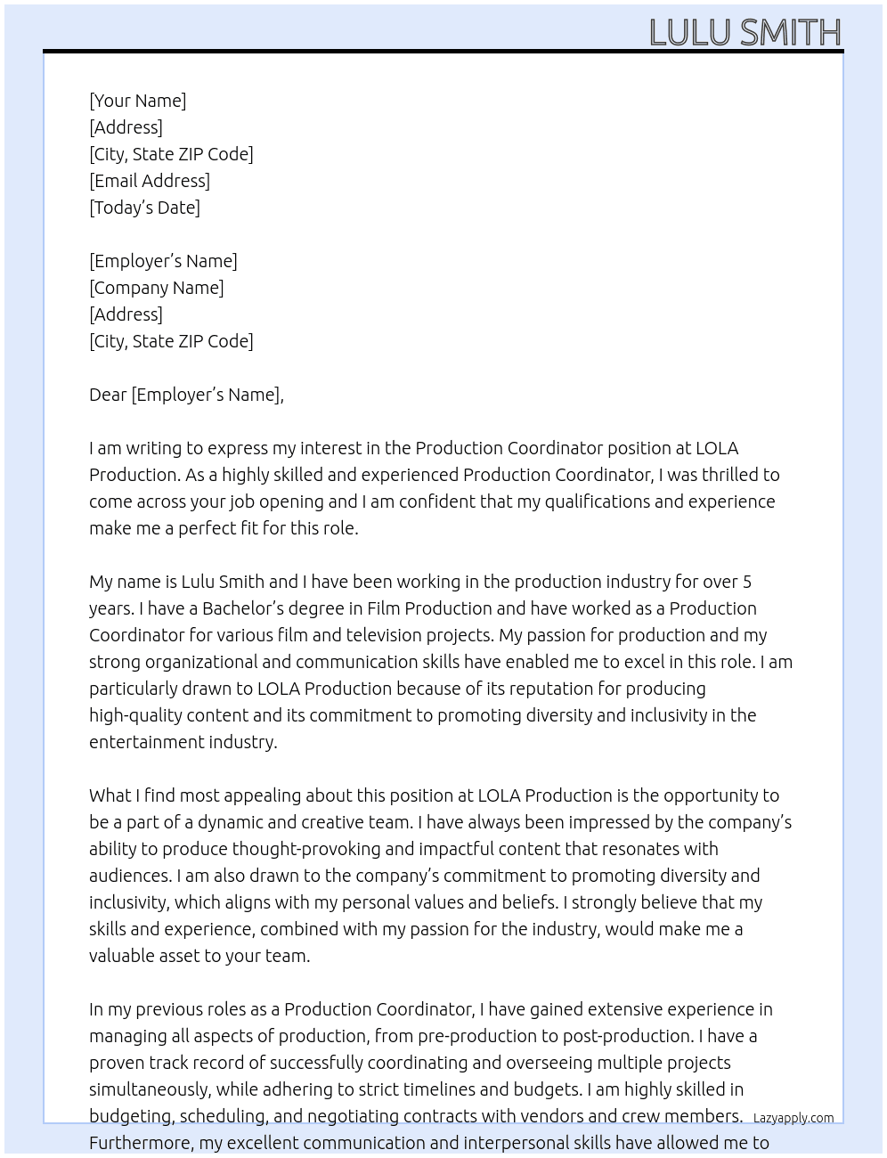 Production Coordinator At LOLA Production Cover Letter