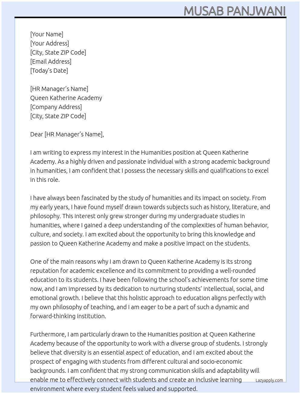 humanities  At Queen Katherine Academy Cover Letter