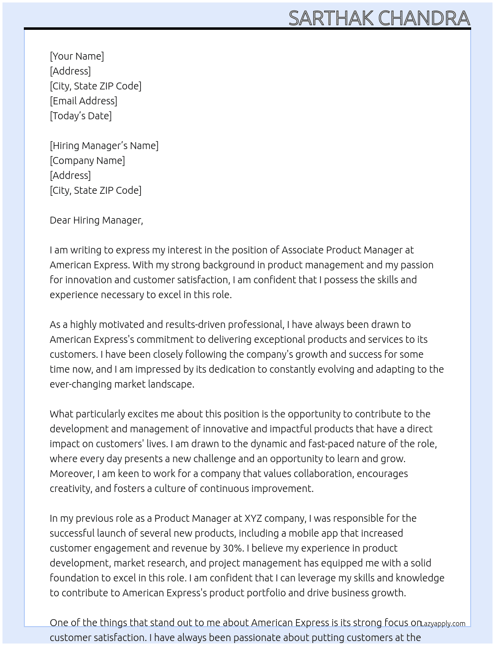 Associate Product Manager At Amercican Express Cover Letter