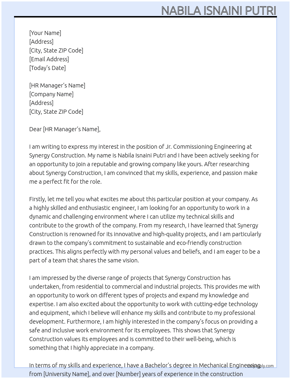 Jr. Commisioning Engineering At Synergy Construction Cover Letter