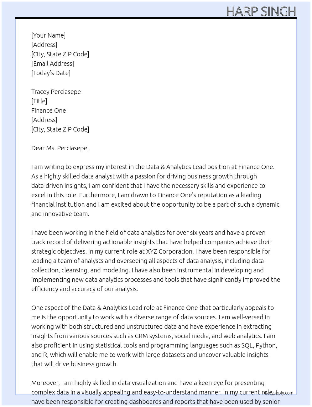 Data & Analytics Lead At Finance One Cover Letter