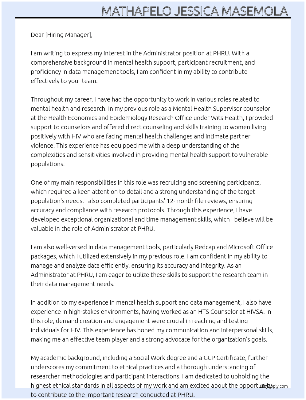 Administrator At PHRU Cover Letter