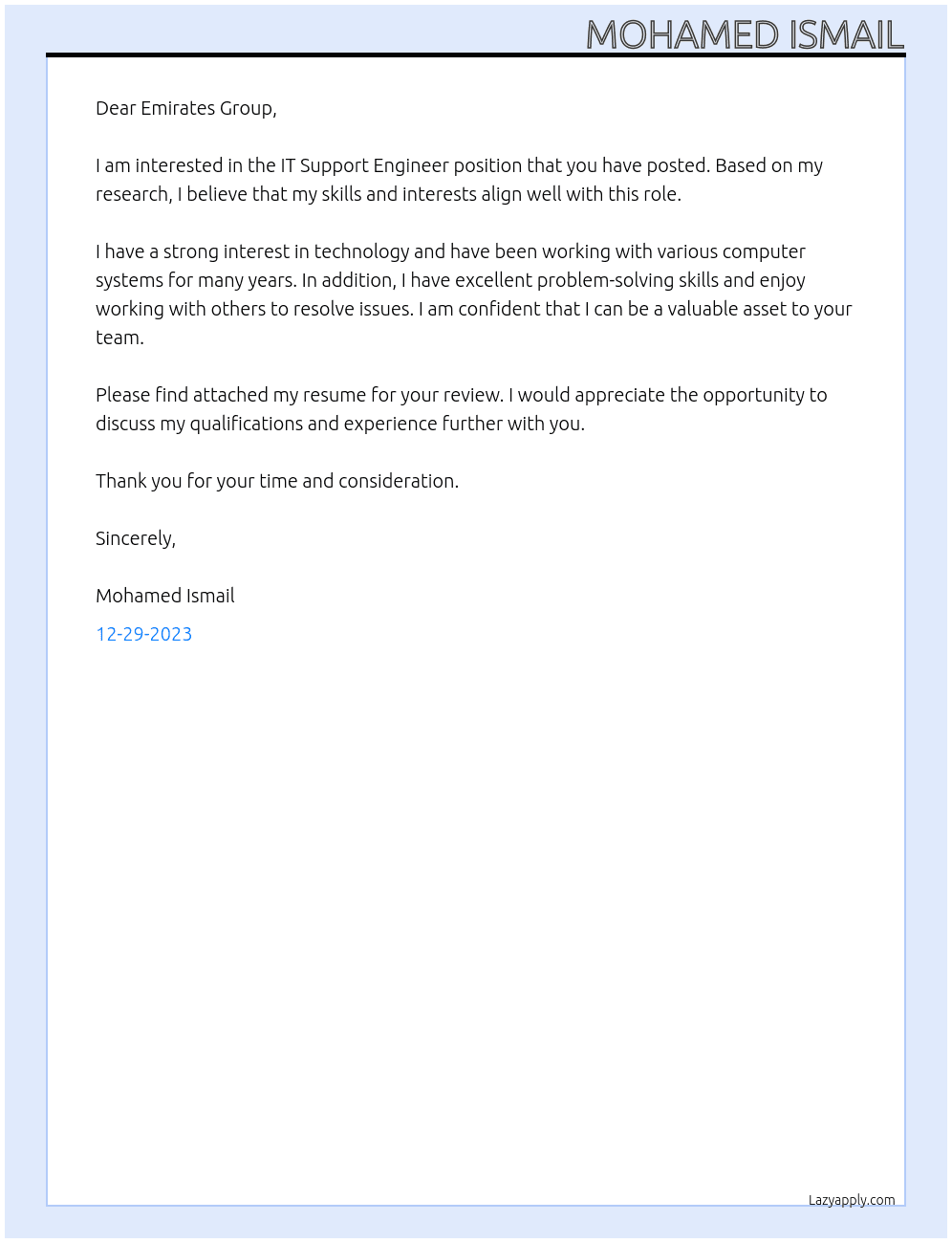 IT Support Engineer At Emirates group  Cover Letter