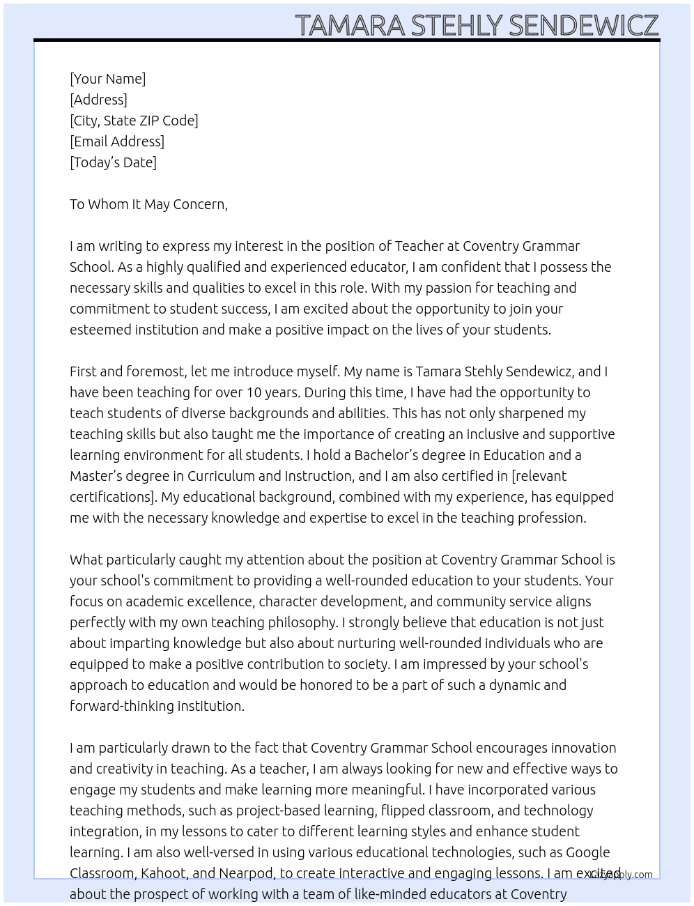 Teacher At Coventry Grammar School Cover Letter