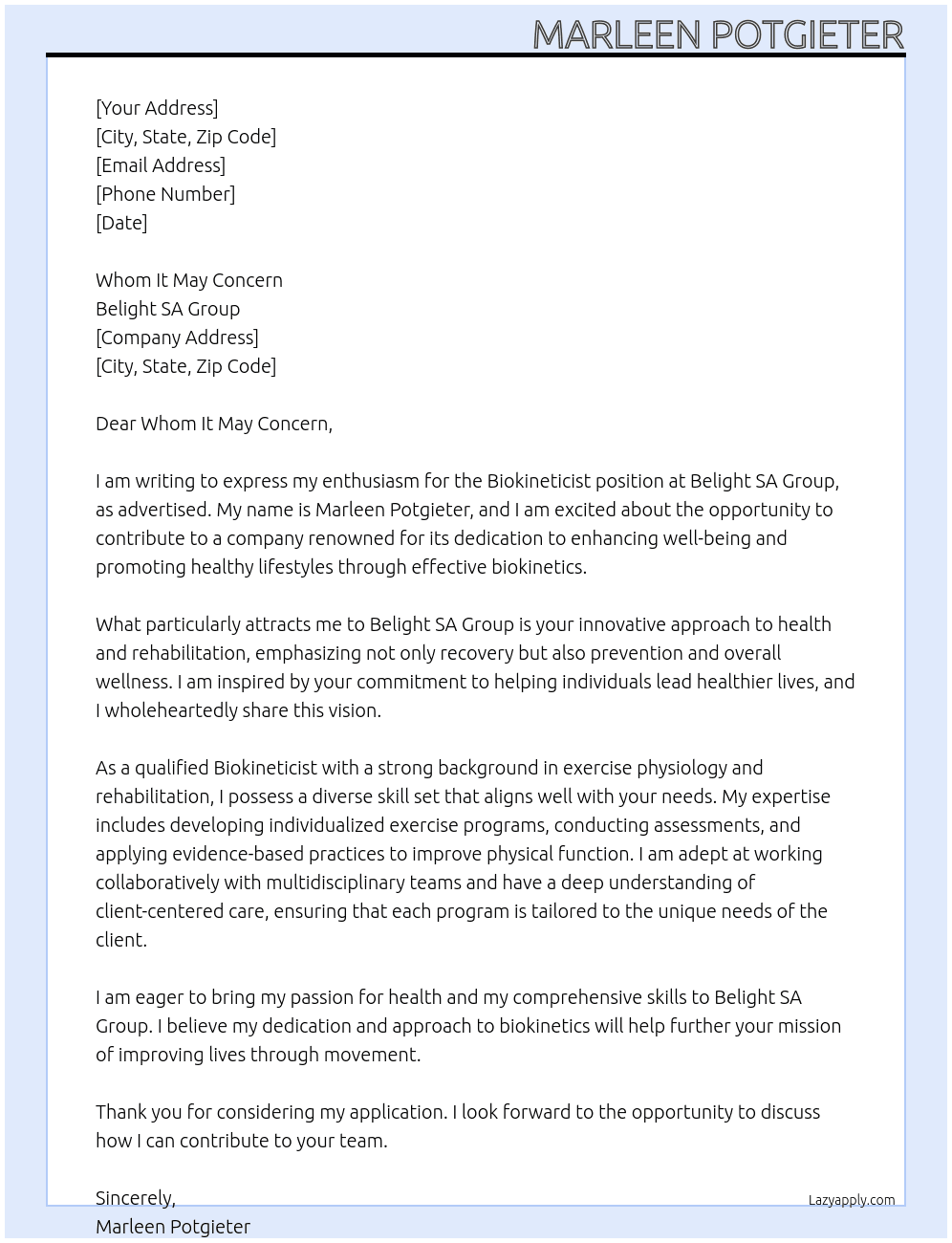 Biokineticist At Belight SA Group Cover Letter