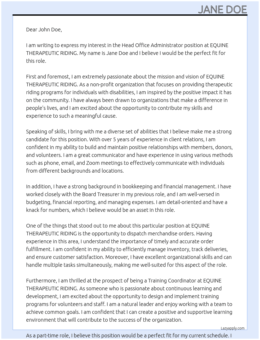 head office administrator nonprofit EQUINE  At EQUINE THERAPEUTIC RIDING Cover Letter