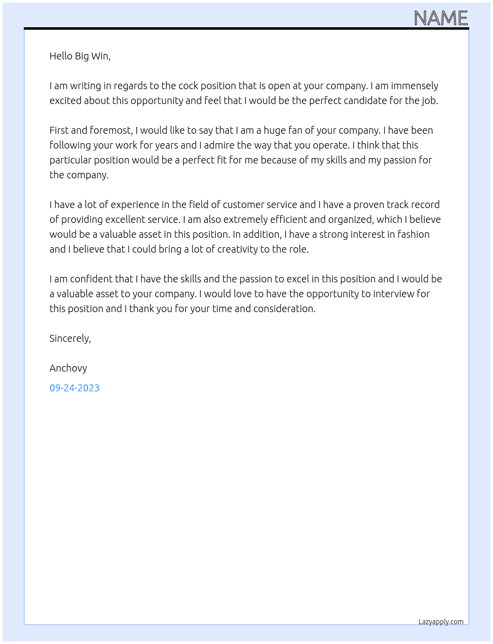 cock At Big win Cover Letter